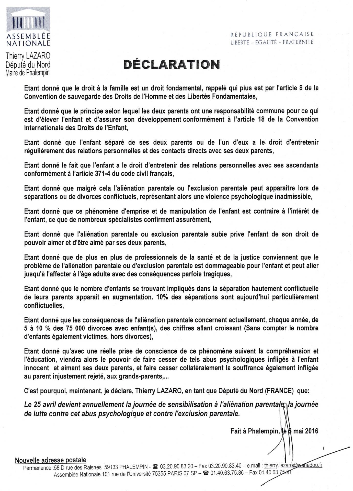 Declaration 05 05 2016 depute du nord lazaro